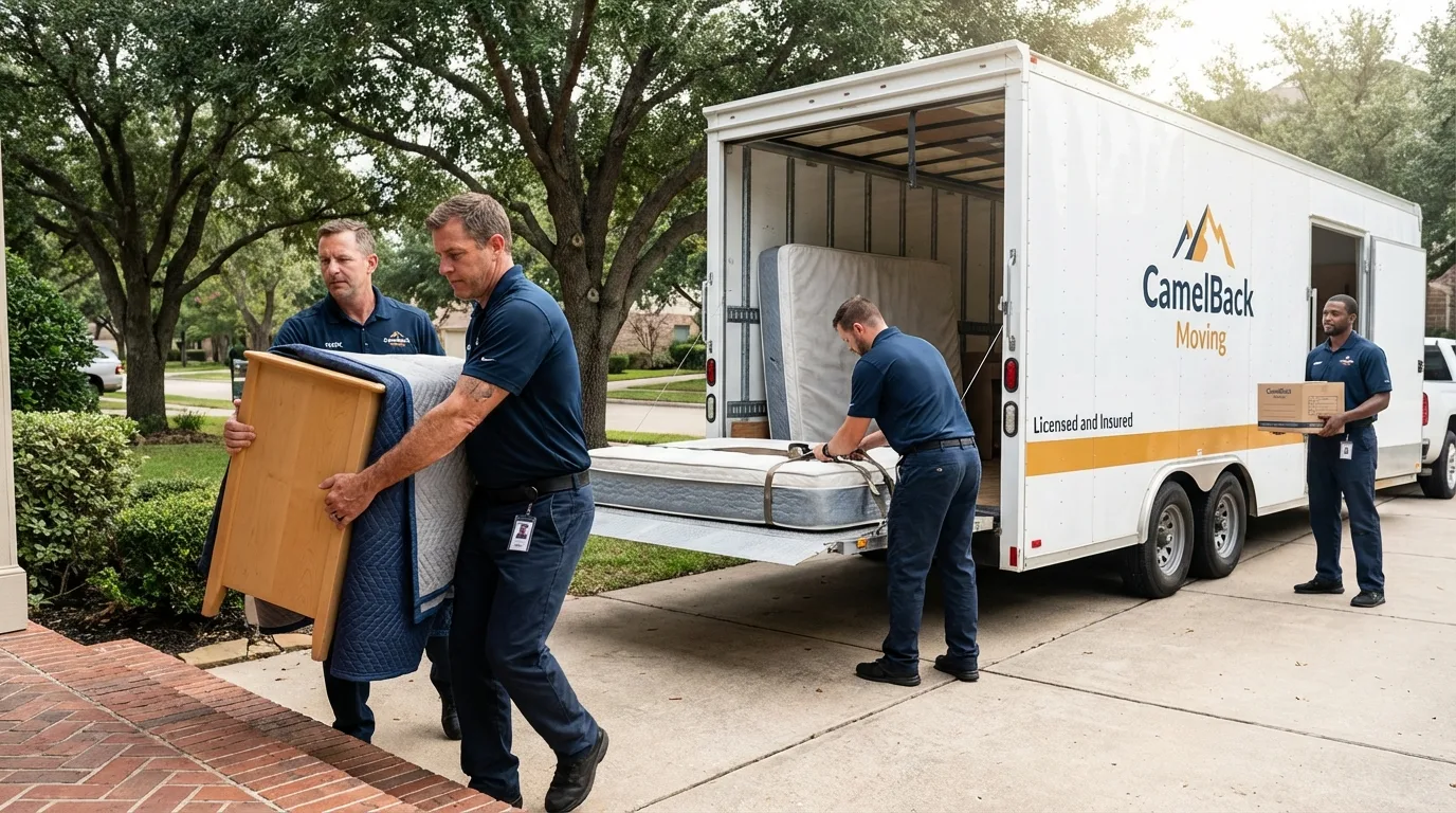 Crew loading residential truck for cross-state move from La Habra, CA