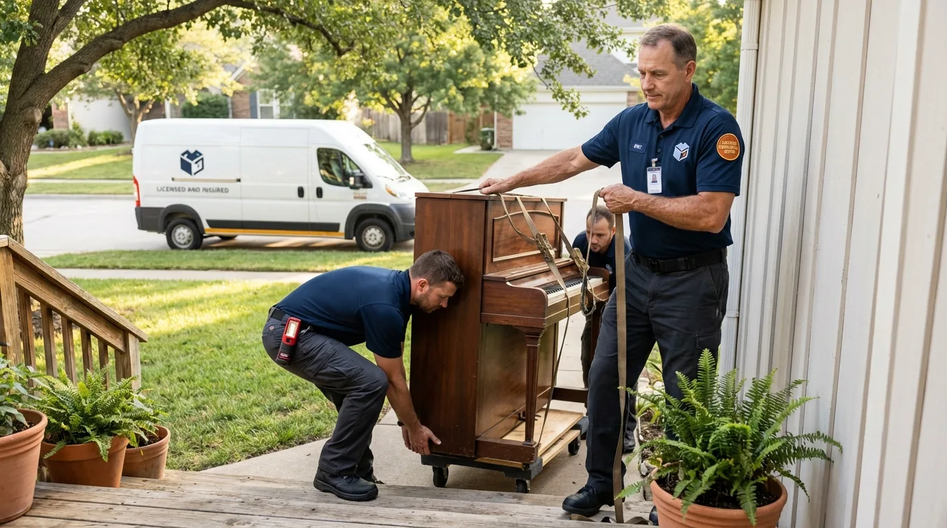 Licensed piano movers securing grand piano in La Habra, CA
