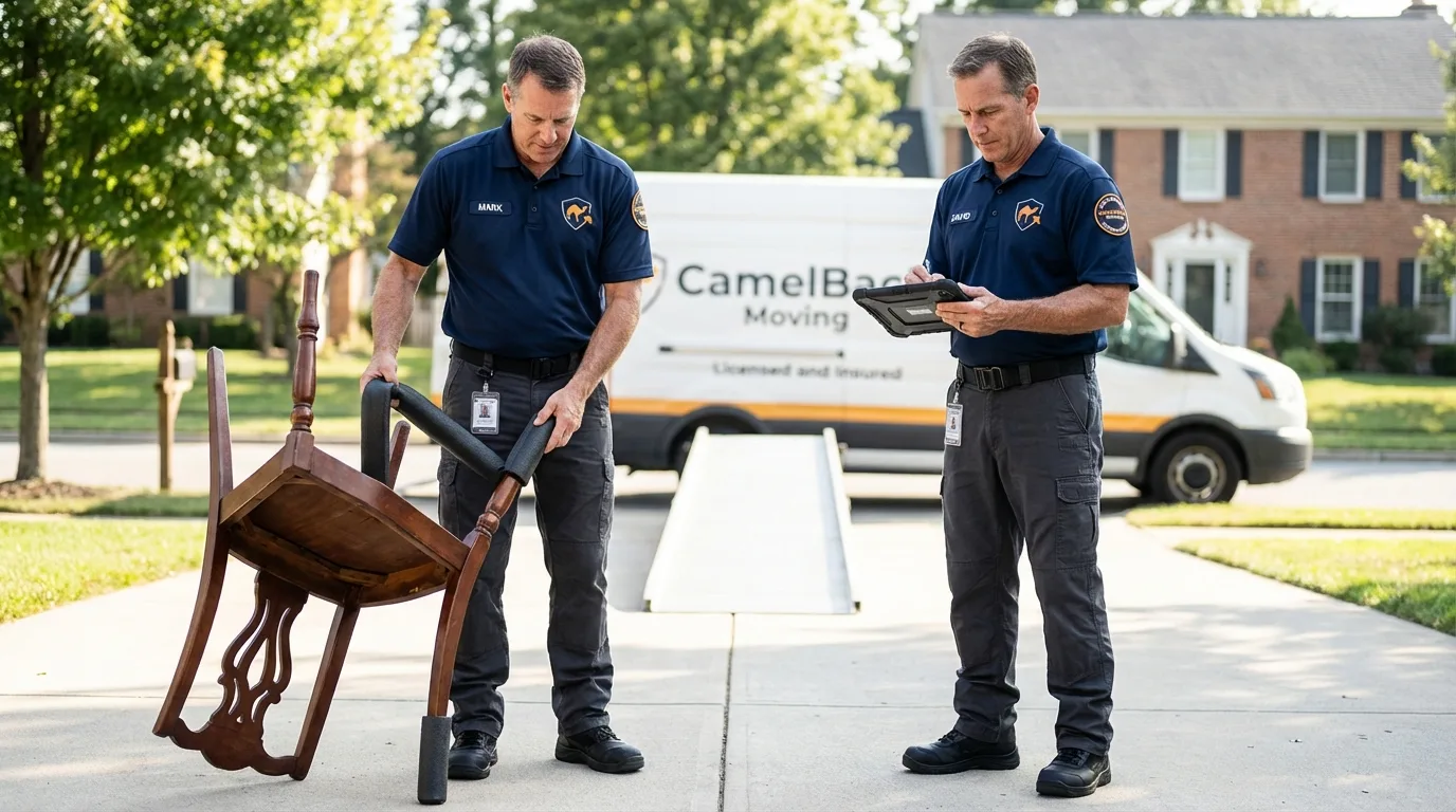 Movers inspecting furniture for damage prevention before loading in La Habra, CA