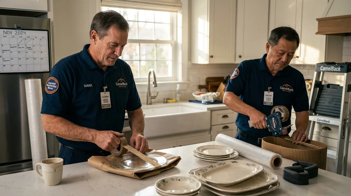 Professional crew packing kitchen dishware in La Habra, CA